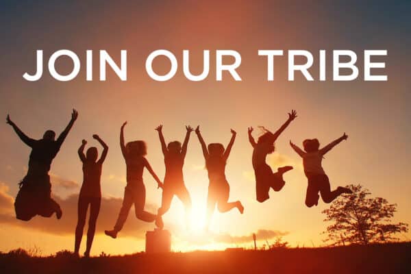 People jumping one next to the other at sunset and on-screen text reading "Join our tribe'