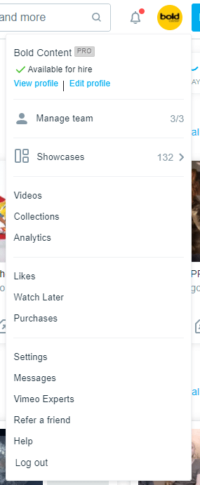 A screenshot of the Vimeo menu