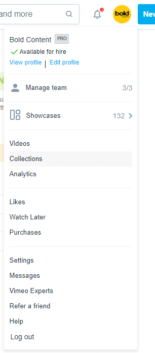 A screenshot of the Vimeo drop down menu