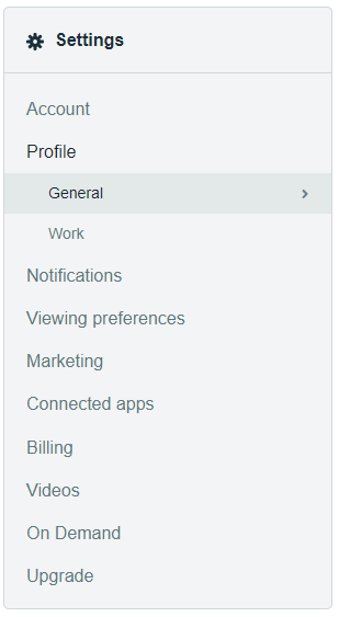 A screenshot of the Vimeo settings menu