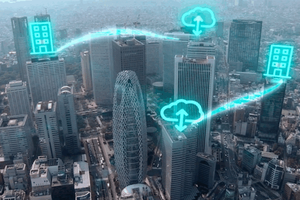 Central London office buildings surrounded by animation seen from a high point