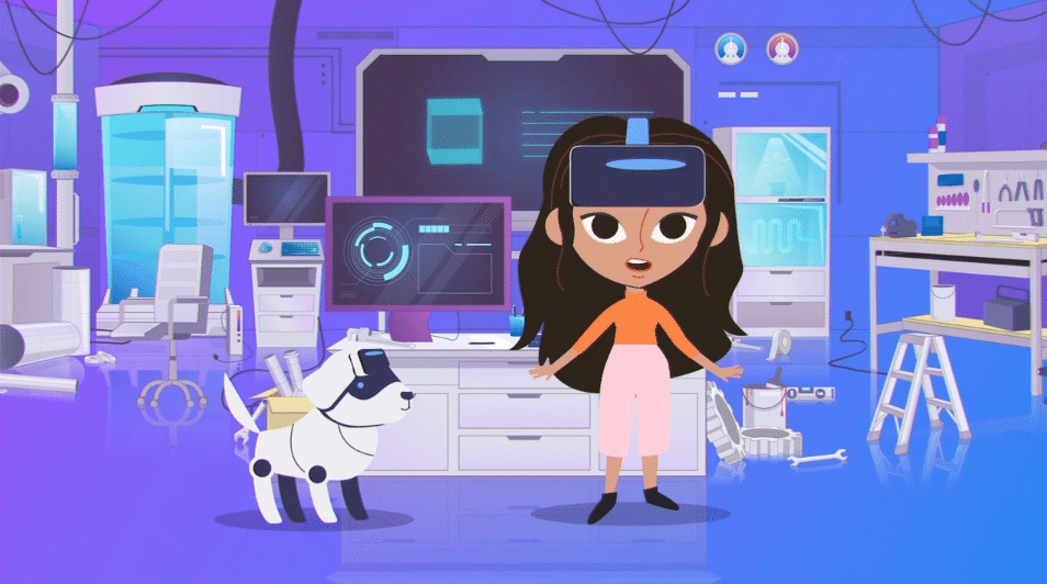 Katie and Tex animated eLearning video for schools Illustrated robot dog and female character wearing VR headset