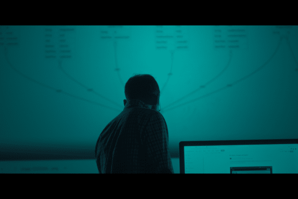 a silhouette of a man stood in front of a projected image of a technical drawing