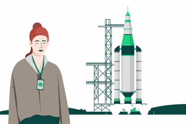 Flat design style illustration of a female engineer stood next to a rocket