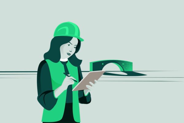 Flat design style illustration of a woman in a hard hat with a clipboard stood near a bridge